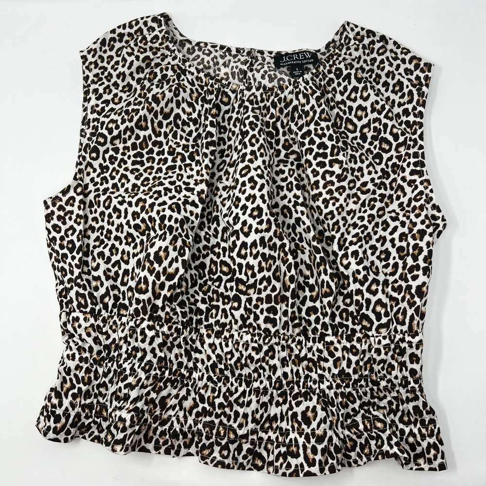 J.Crew Hyacinth Leopard Cotton Poplin Smocked Waist Sleeveless Top Small Brown